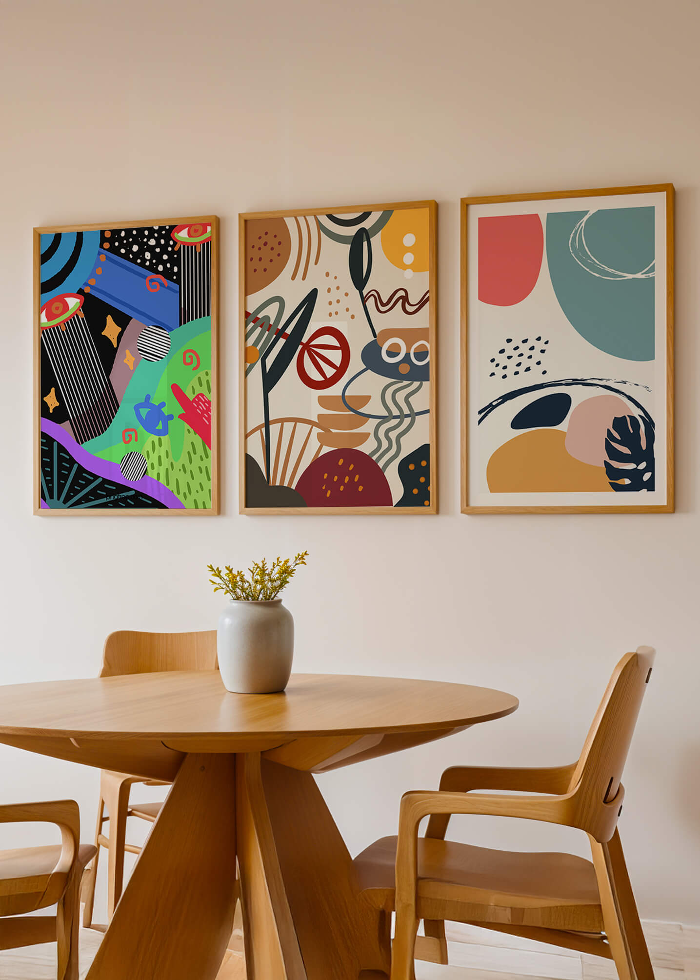 Ensemble de toiles abstraites modernes avec cadres en bois