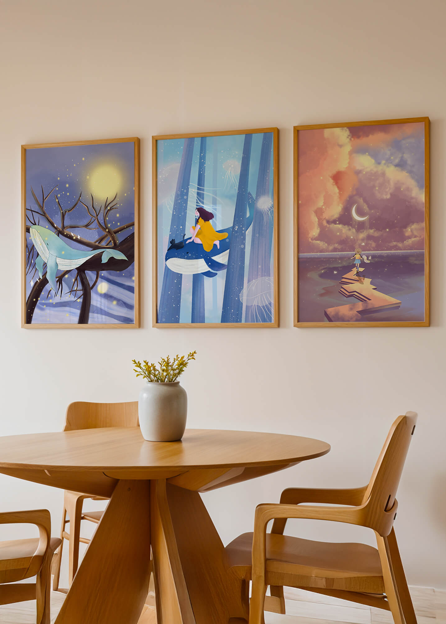 Triptyque d'Illustrations Fantastiques Sans Cadre avec Baleines et Paysages de Rêve