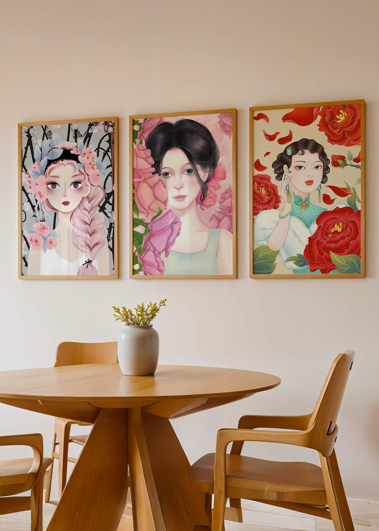 Ensemble de portraits féminins avec des fleurs dans un style artistique moderne