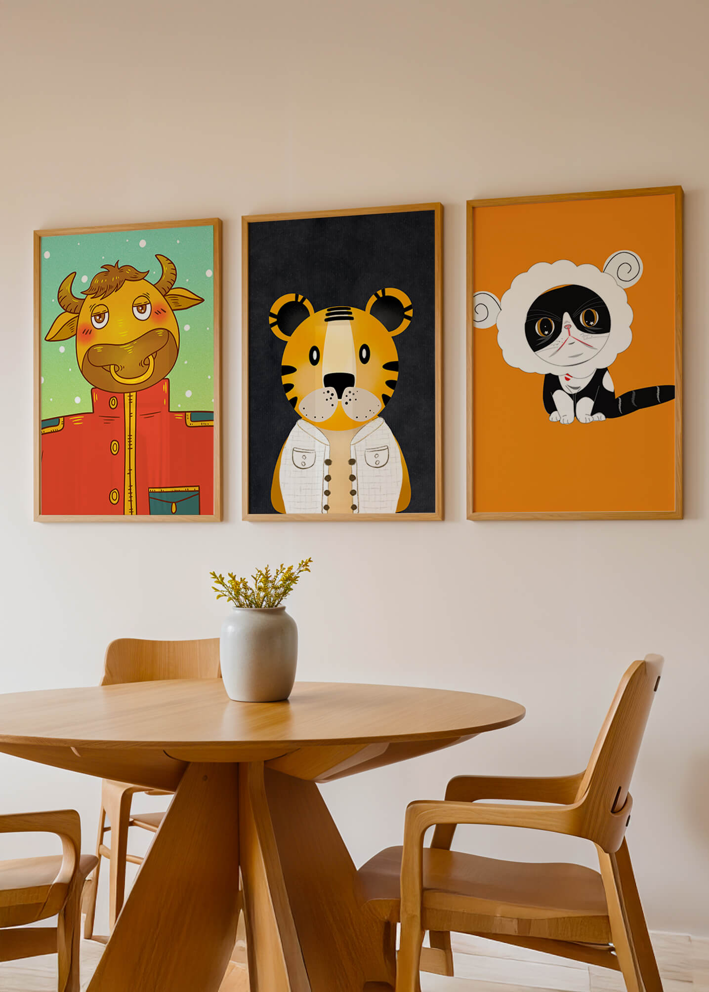 Arte de animales coloridos en estilo caricaturesco