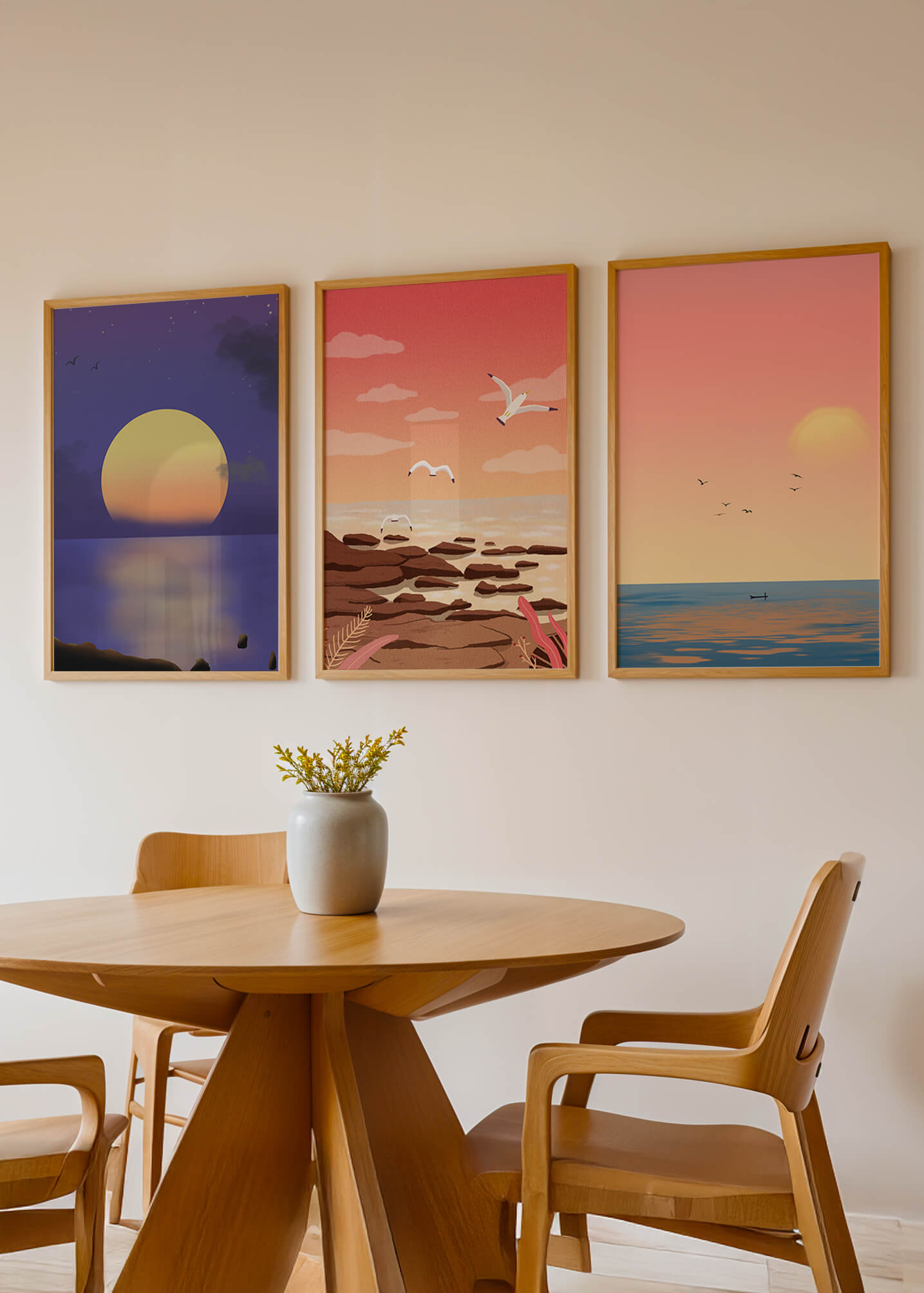 Ensemble de tableaux avec des paysages au coucher et au lever du soleil