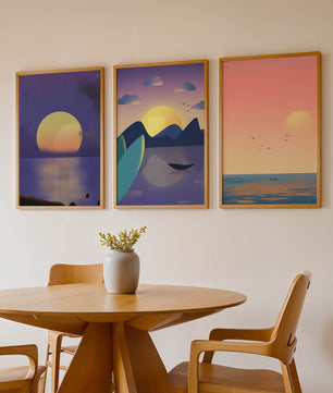 Minimale Sonnenuntergang-Landschaften in digitaler Kunst ohne Rahmen auf Holzboden