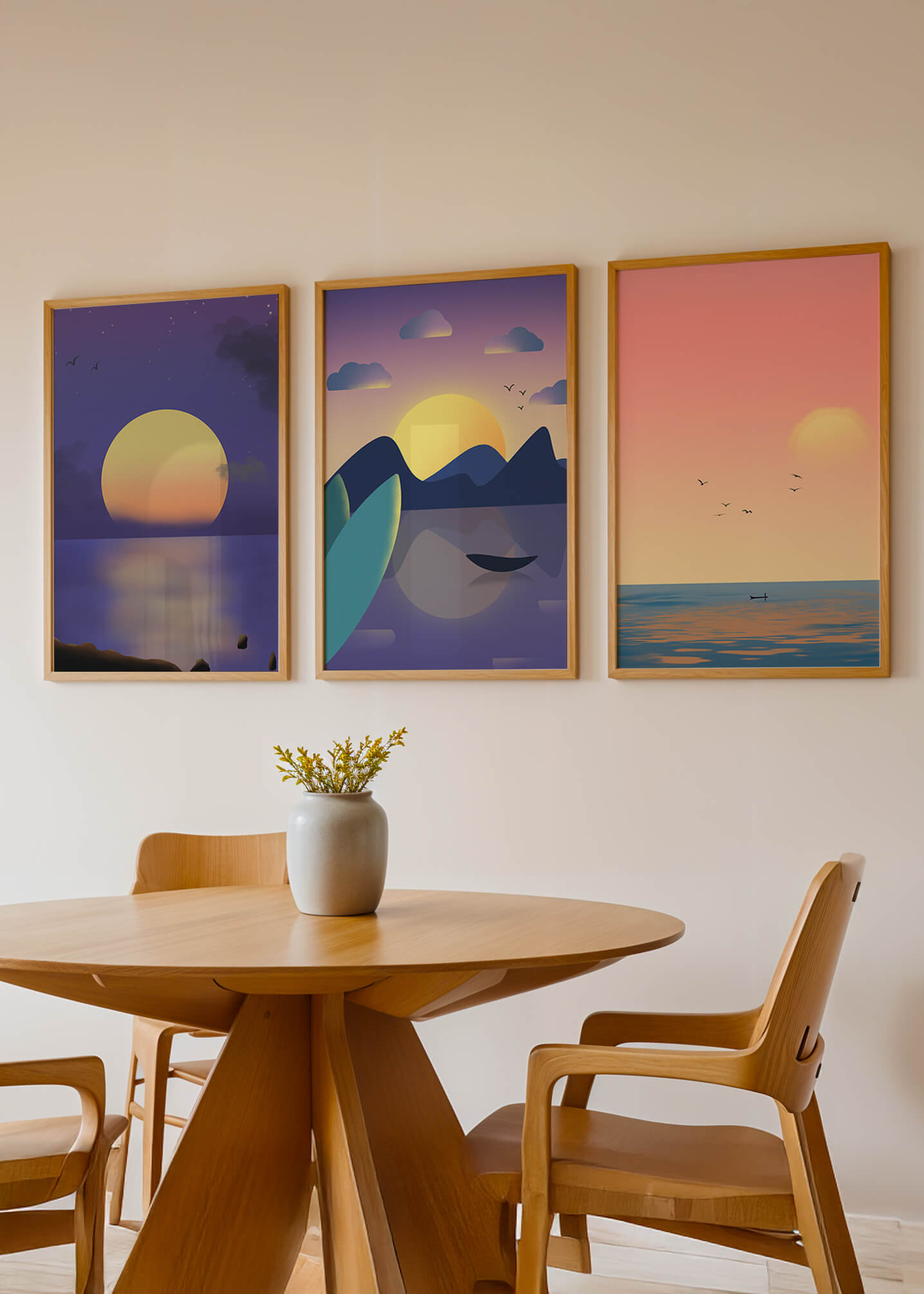 Minimale Sonnenuntergang-Landschaften in digitaler Kunst ohne Rahmen auf Holzboden