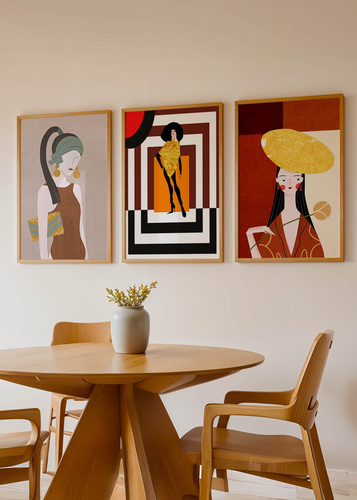 Conjunto De Ilustraciones Modernas Con Elementos Dorados En Pared Sin Marco