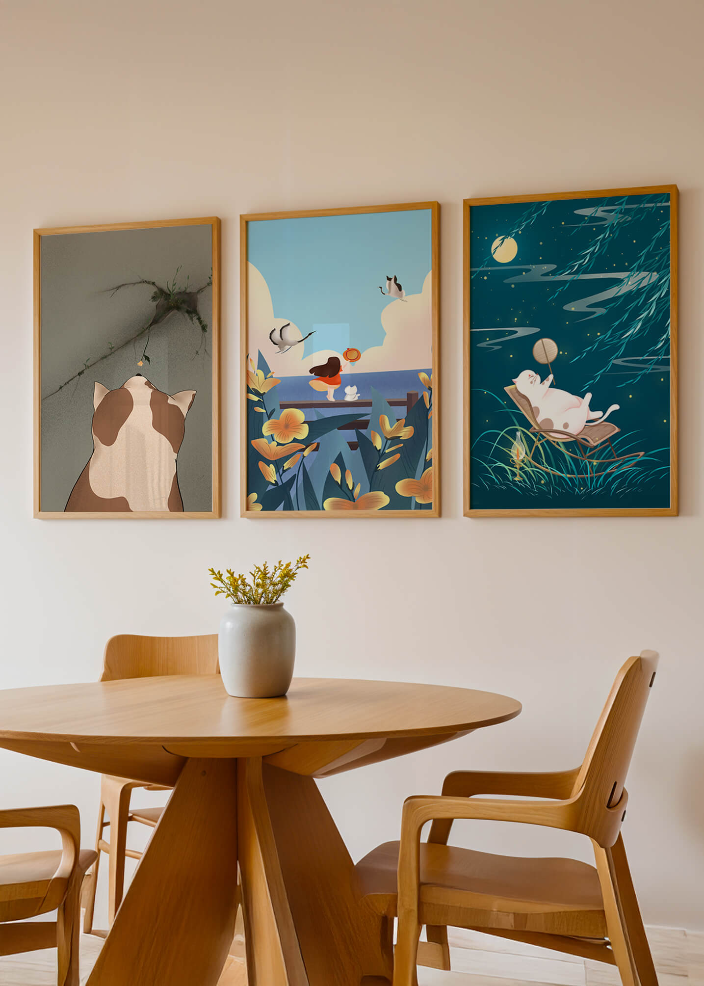 Tríptico de Arte con Animales y Paisajes Ilustrados