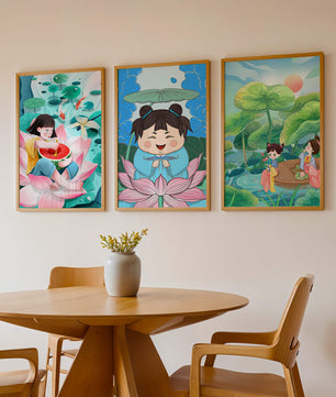 Trois illustrations d'enfants dans un style asiatique avec des éléments de la nature