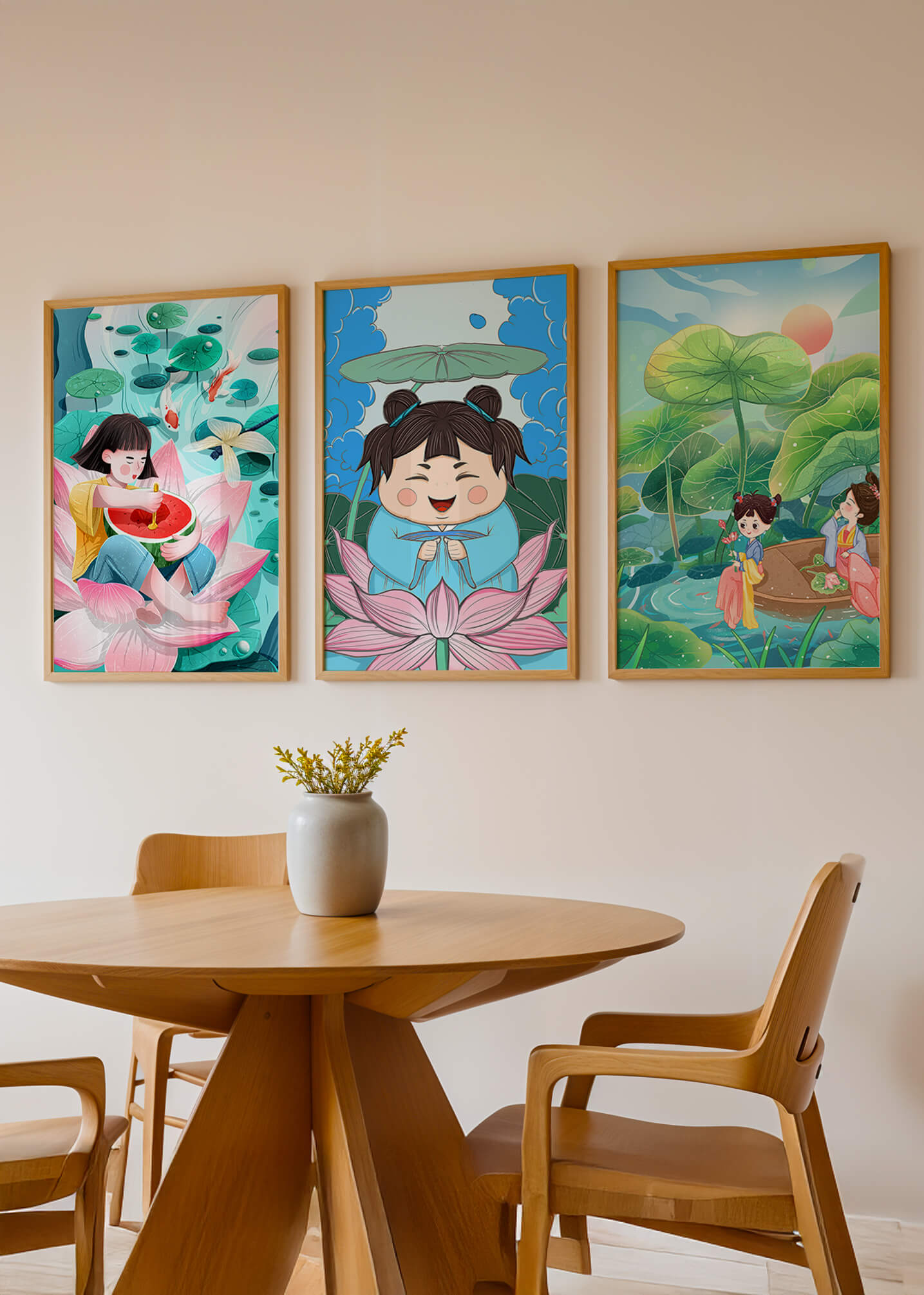 Trois illustrations d'enfants dans un style asiatique avec des éléments de la nature