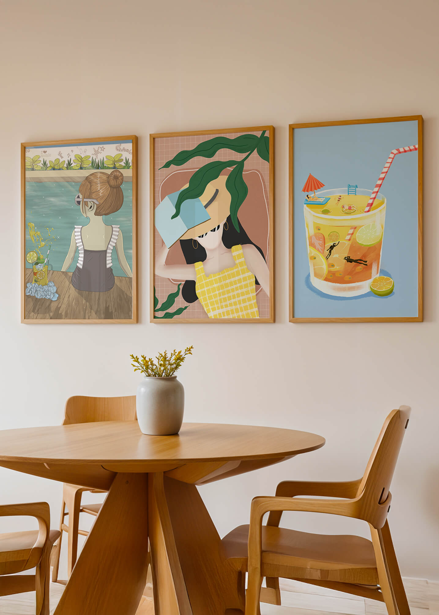 Conjunto De Tres Ilustraciones Modernas Con Temática De Playa En Marcos De Madera