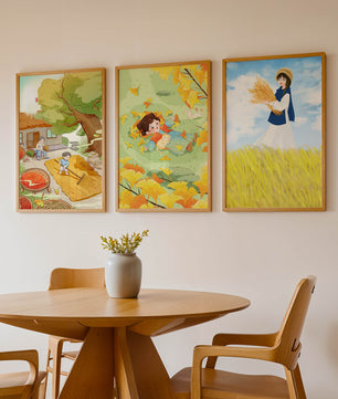 Triptyque d’illustrations d’automne avec des enfants et des paysages