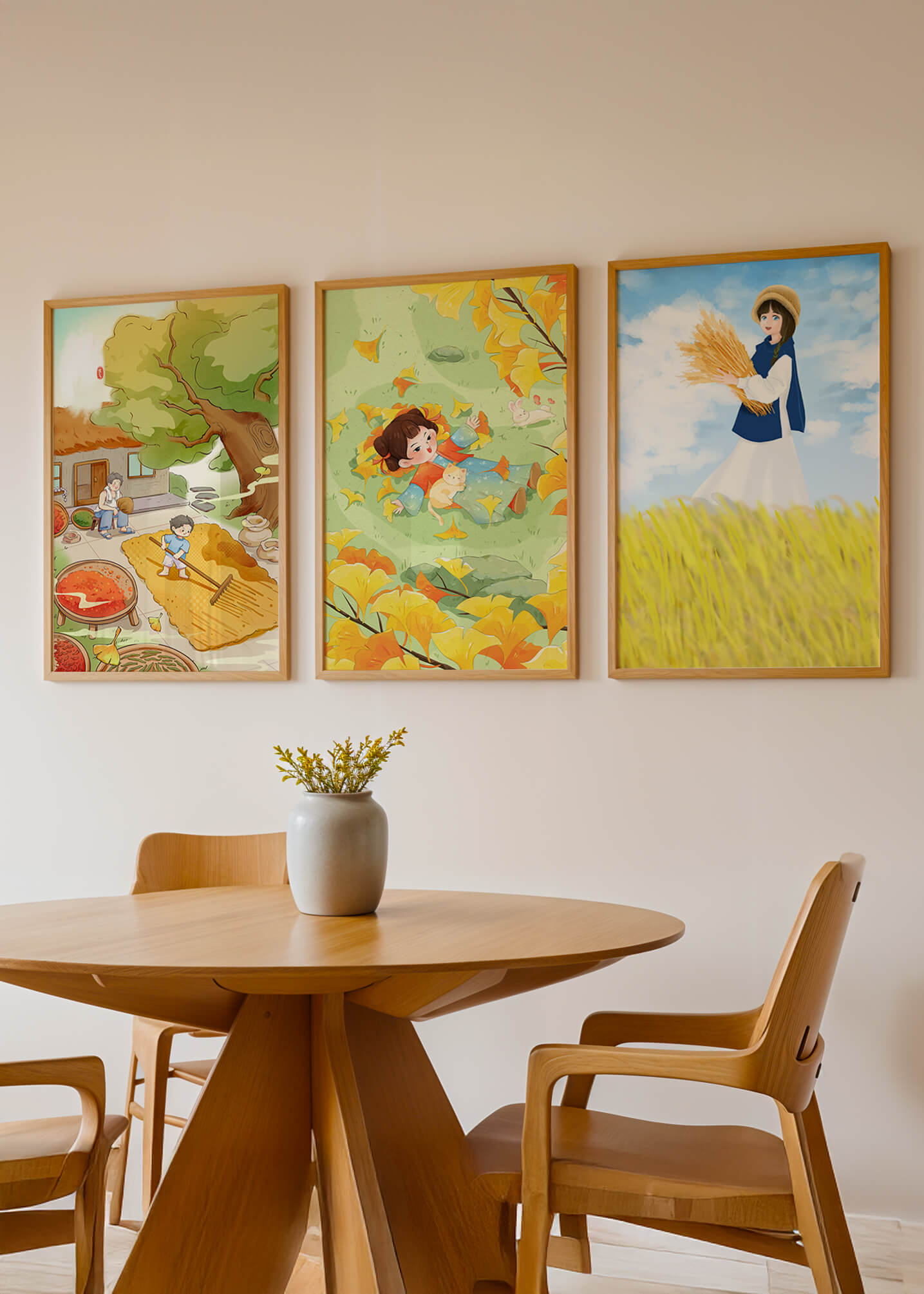 Tríptico de Ilustraciones de Otoño con Niños y Paisajes