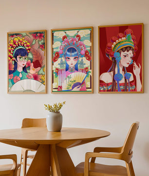 Bunte Postermotive im asiatischen Stil für modernes Interieur
