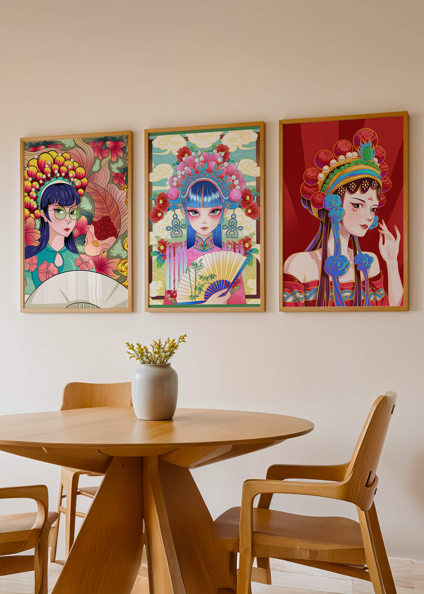 Bunte Postermotive im asiatischen Stil für modernes Interieur