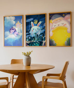 Illustrations de lapin et d'enfant dans un environnement nocturne
