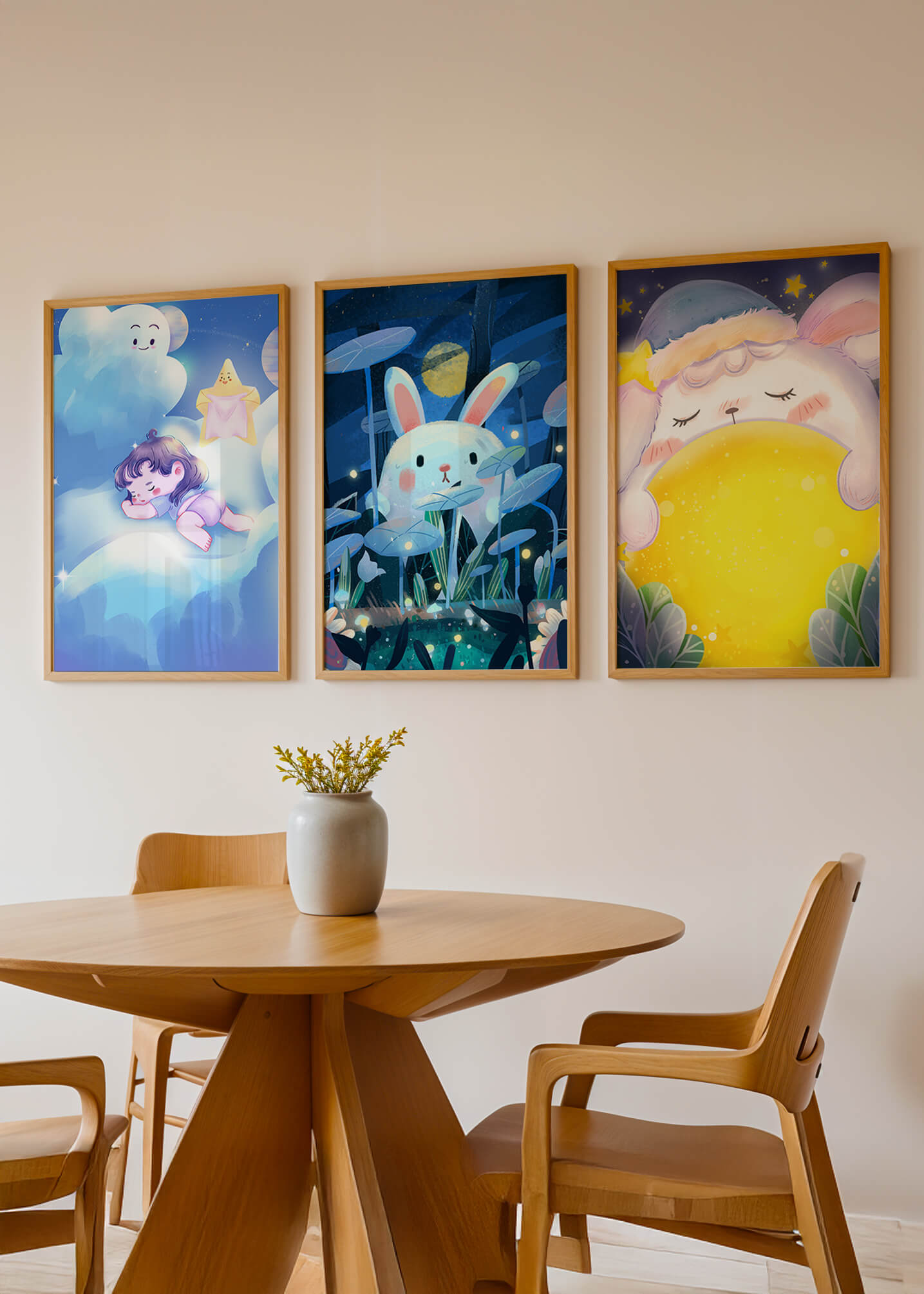Illustrations de lapin et d'enfant dans un environnement nocturne