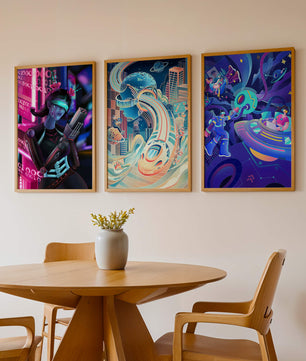 Set aus drei futuristischen Kunstdrucken in modernem Umfeld