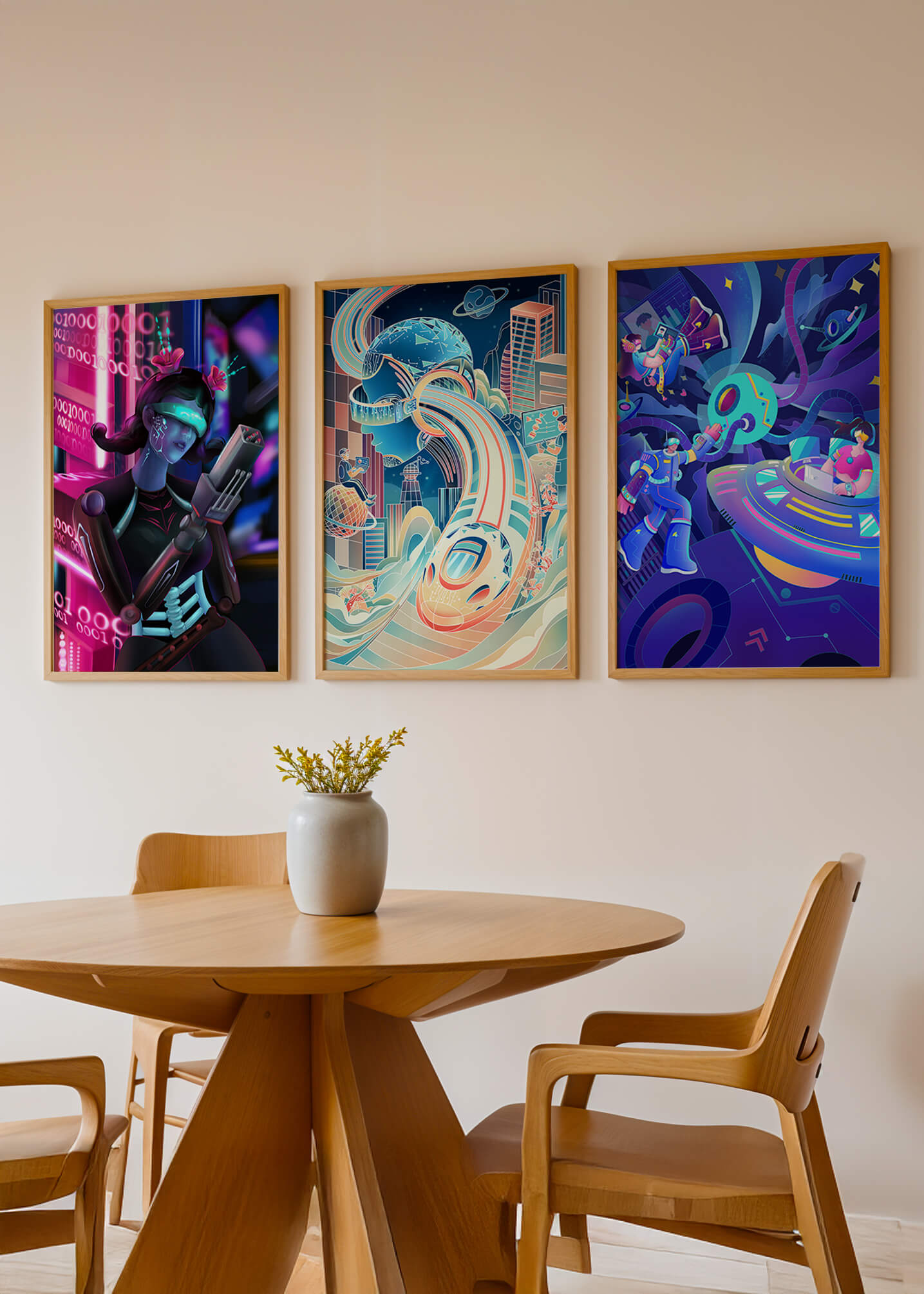 Set aus drei futuristischen Kunstdrucken in modernem Umfeld