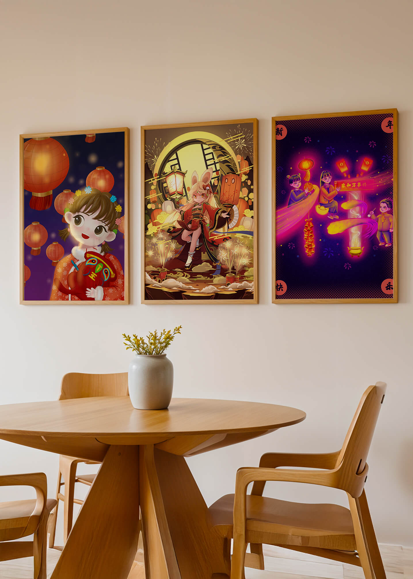 Impressions artistiques d’illustrations asiatiques avec des lanternes sur fond de bois clair