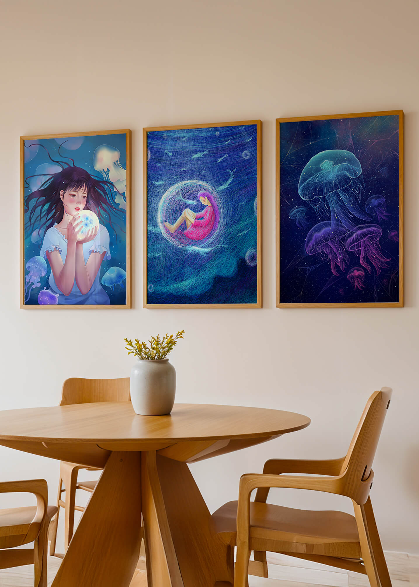 Conjunto de Lienzos con Ilustraciones de Medusas y Personajes