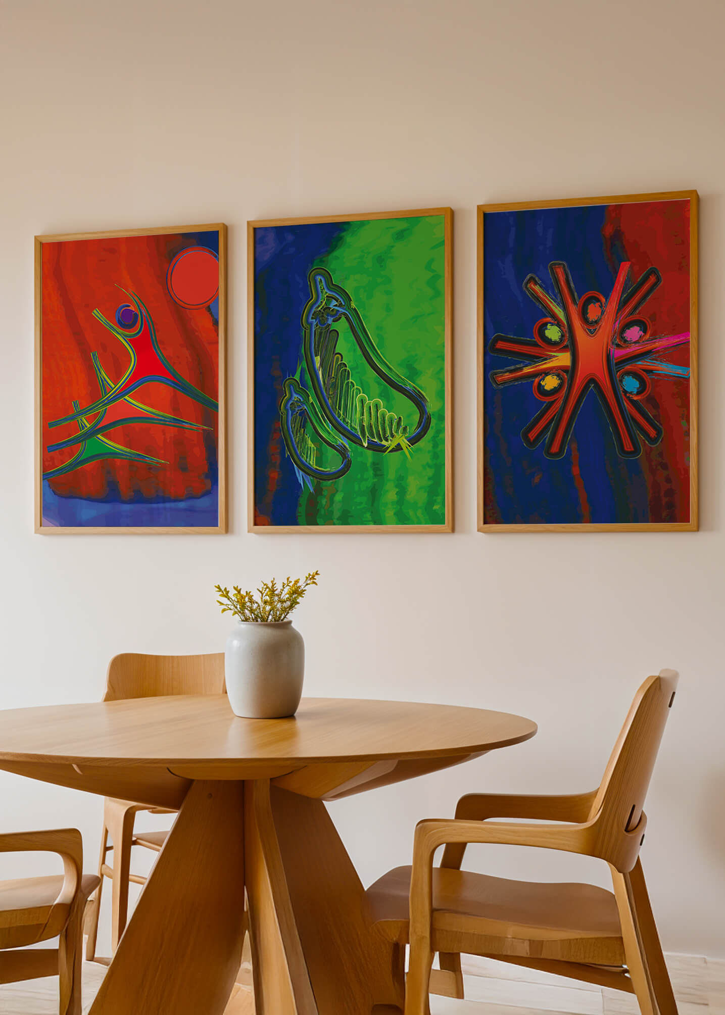 Conjunto de Tres Obras de Arte Abstracto con Elementos en Colores Vibrantes