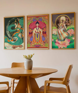 Conjunto de Tres Obras de Arte Oriental en Bloques de Madera