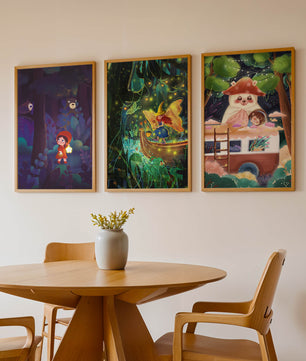 Triptyque d’illustrations fantastiques pour décoration enfantine