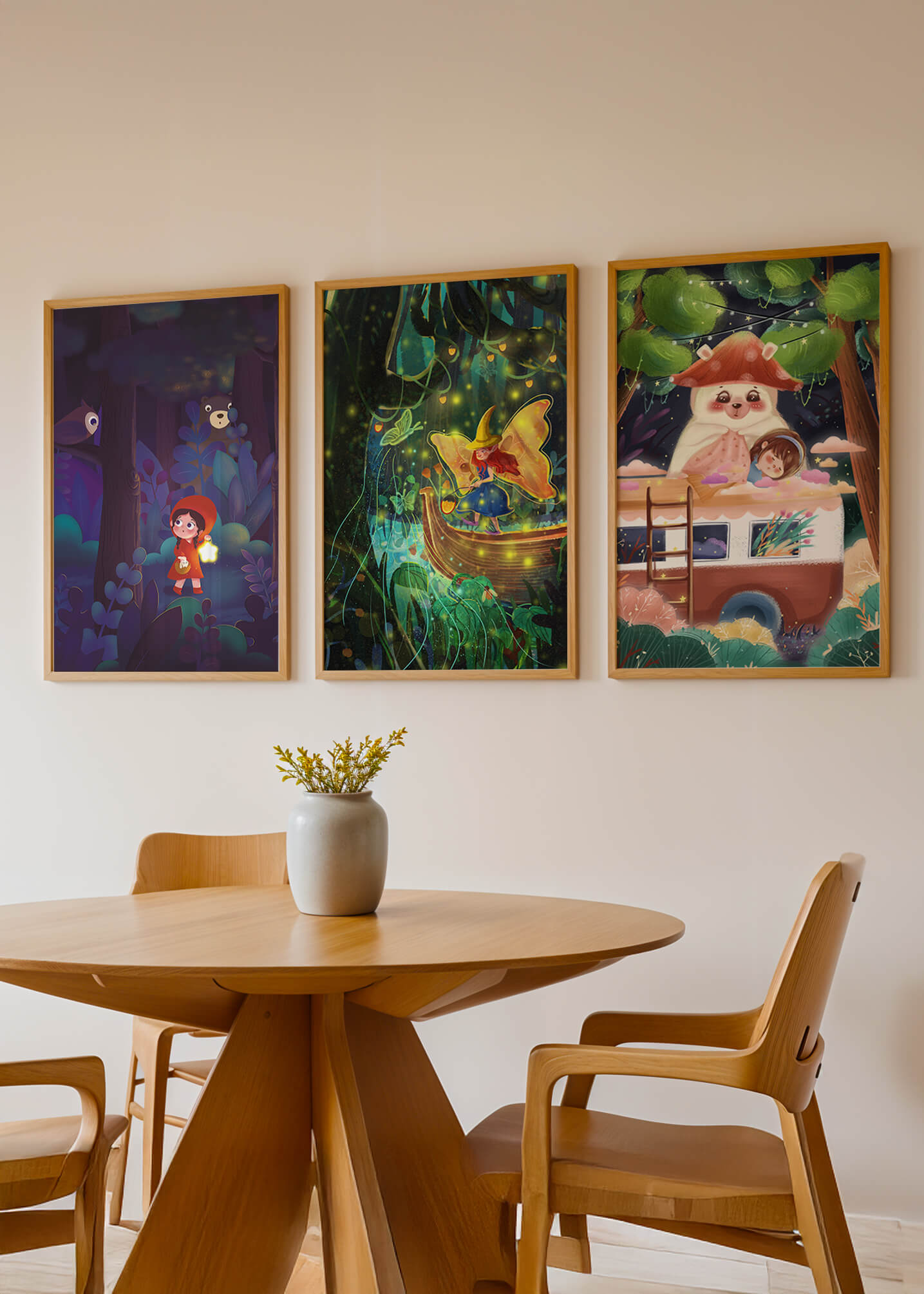 Triptyque d’illustrations fantastiques pour décoration enfantine