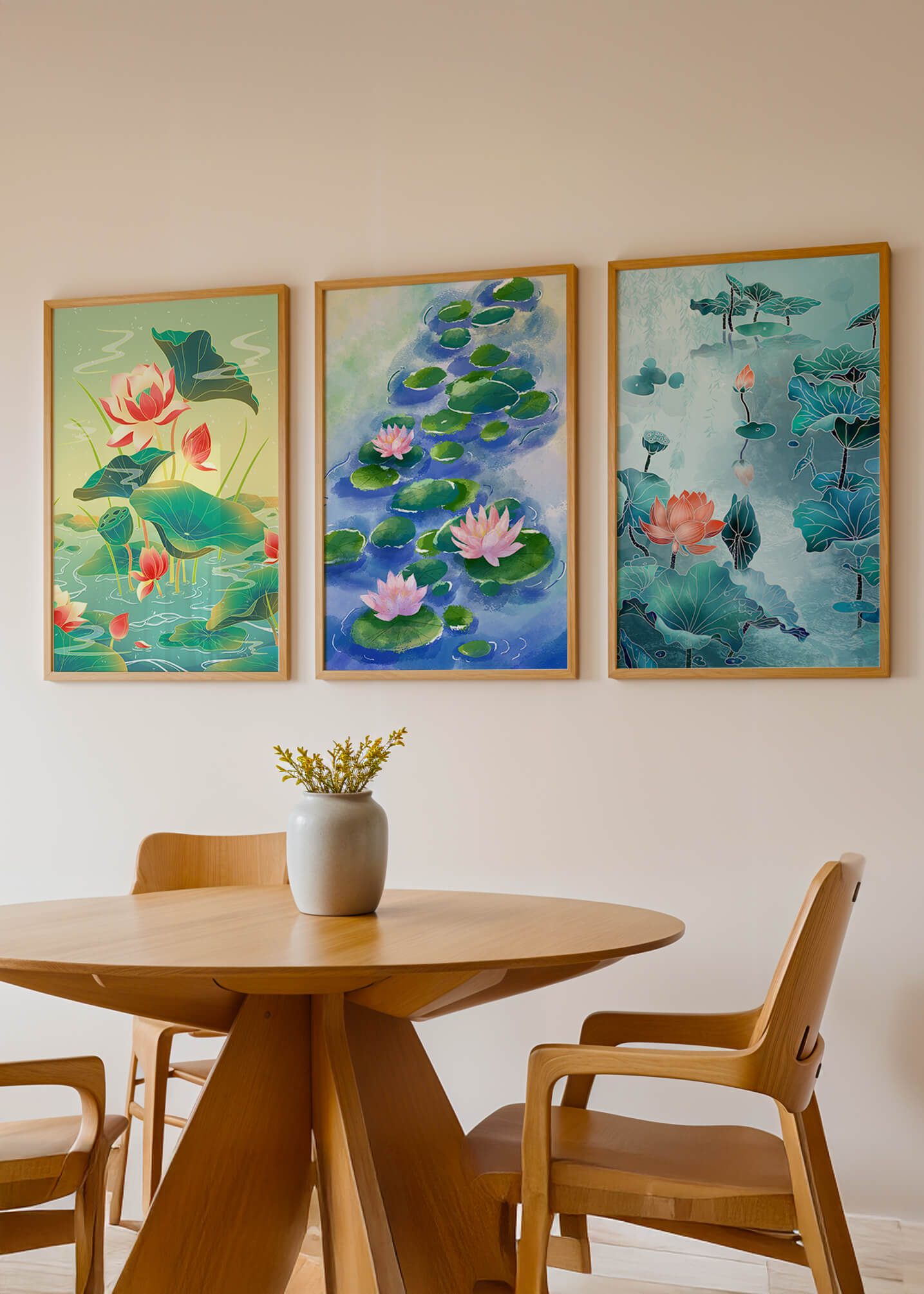 Tríptico de acuarelas de flores de loto en diseño moderno