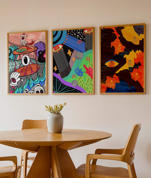 Tríptico de Arte Contemporáneo sin Marco con Estilo Pop y Abstracto