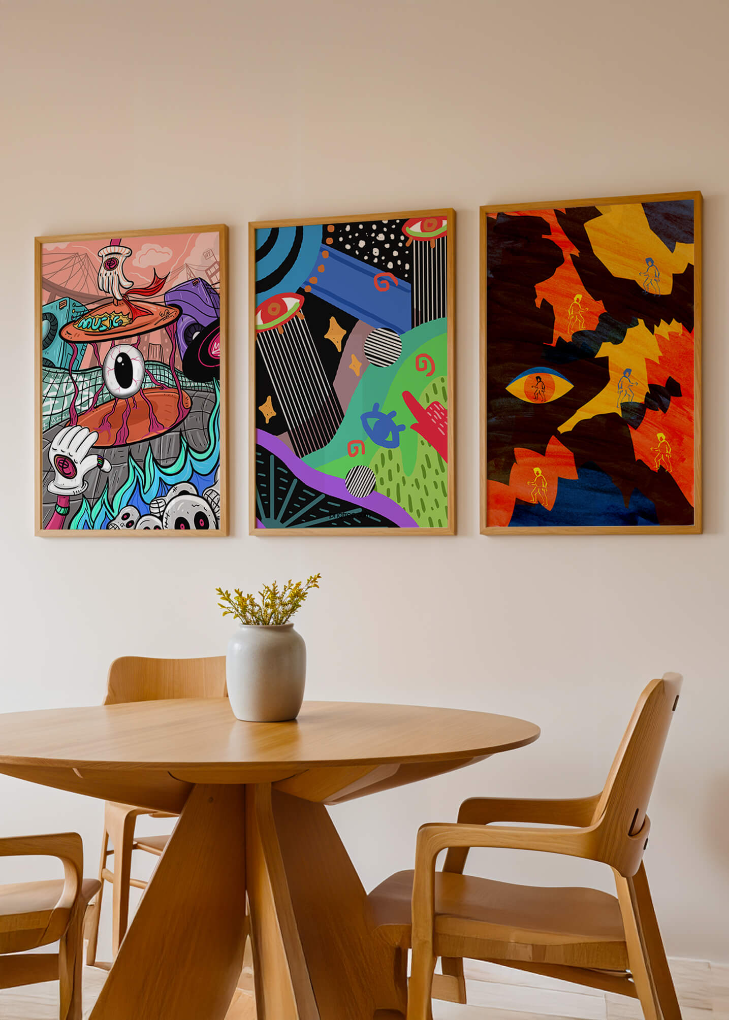 Tríptico de Arte Contemporáneo sin Marco con Estilo Pop y Abstracto