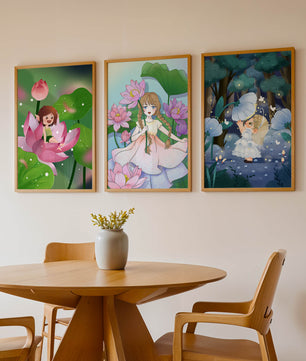 Triptyque enfantin d'art fantastique avec des filles parmi les fleurs