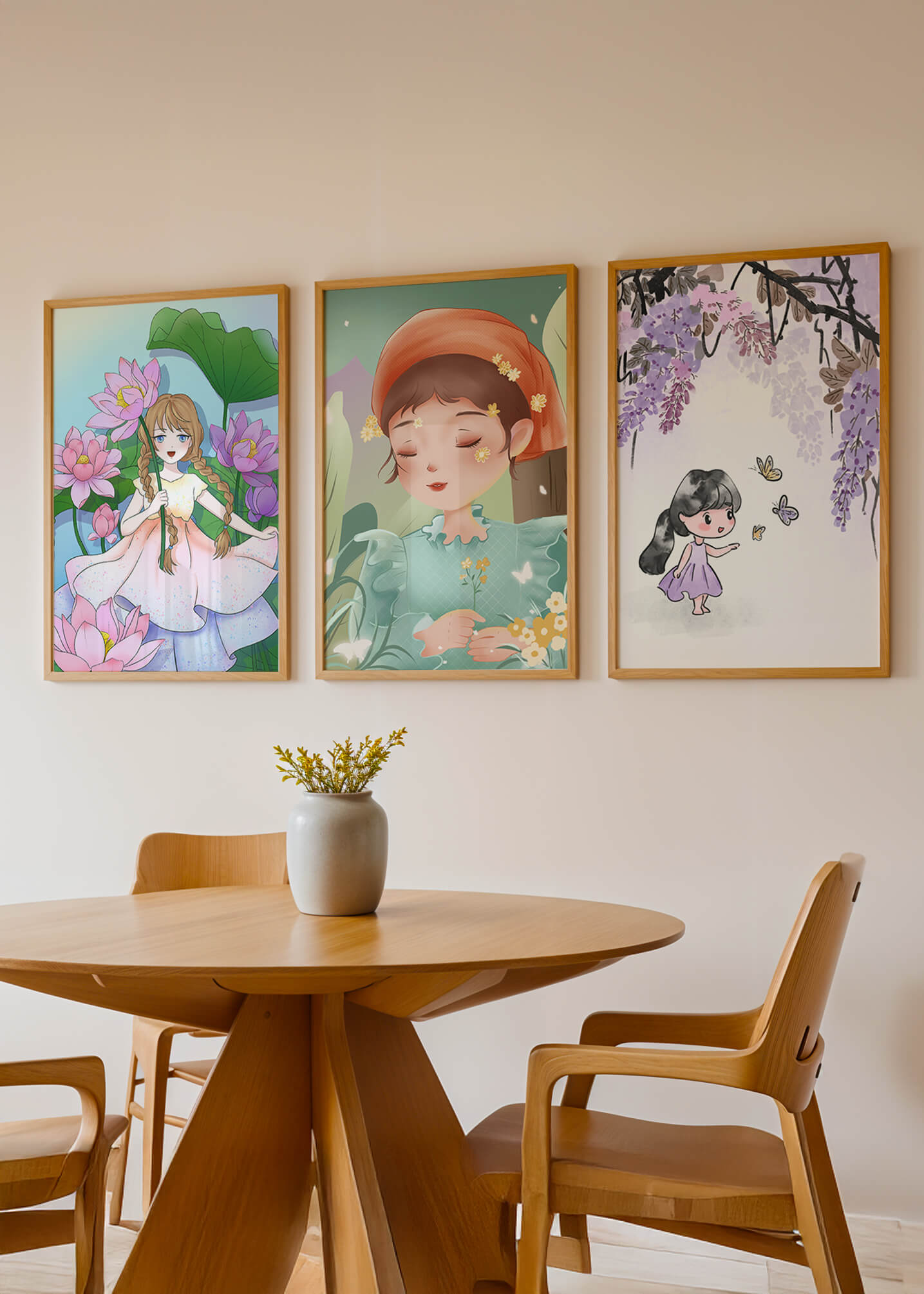 Ensemble d’illustrations artistiques avec des figures féminines sur un sol en bois