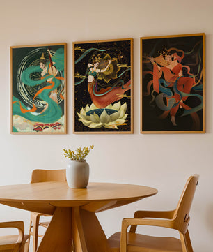 Ensemble d’affiches de style asiatique avec motifs floraux et dorés
