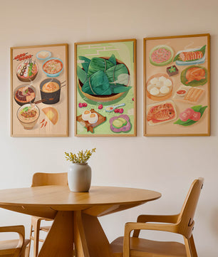 Pósters Ilustrados de Comida Temática Oriental Sobre Piso de Madera