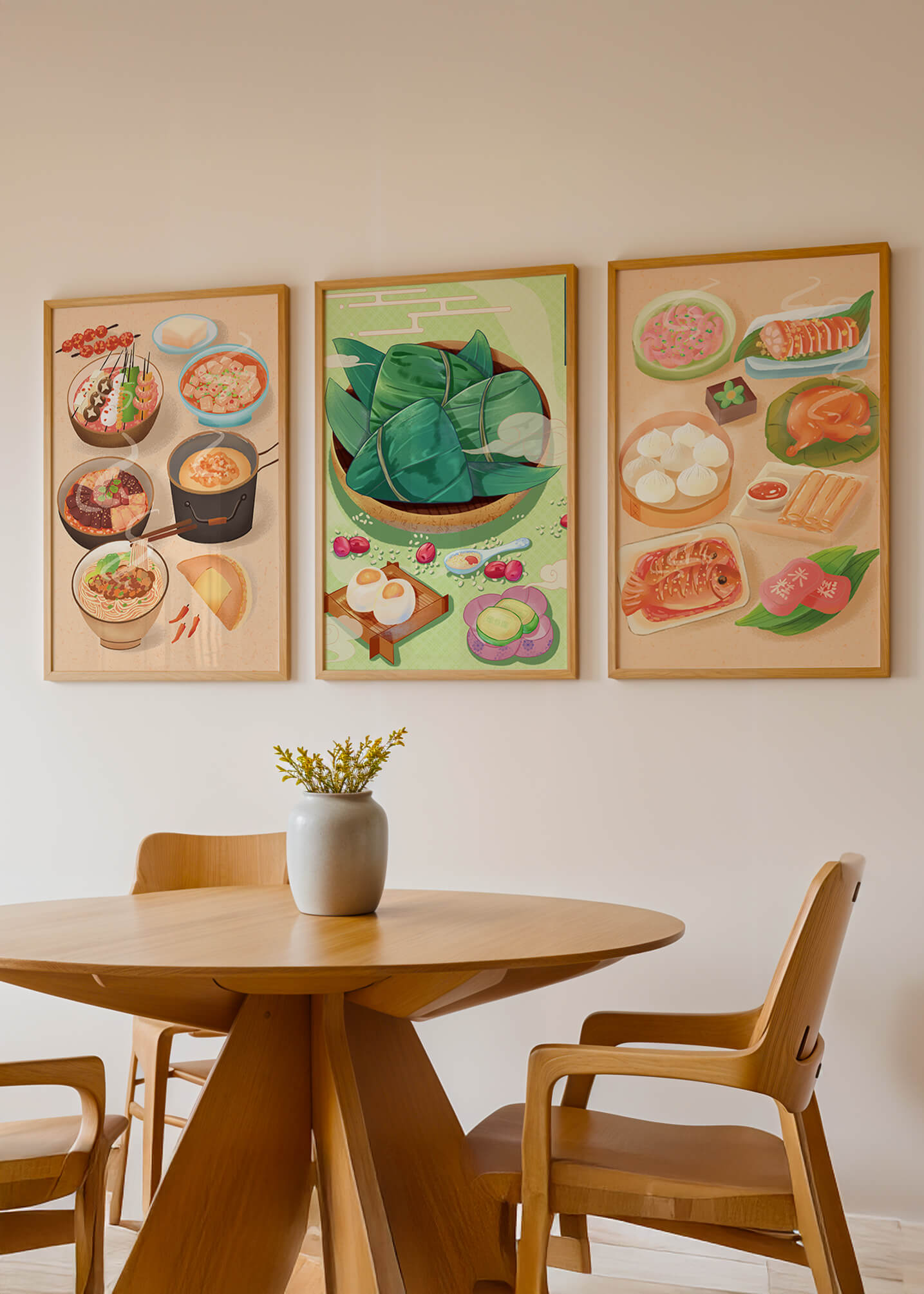 Pósters Ilustrados de Comida Temática Oriental Sobre Piso de Madera