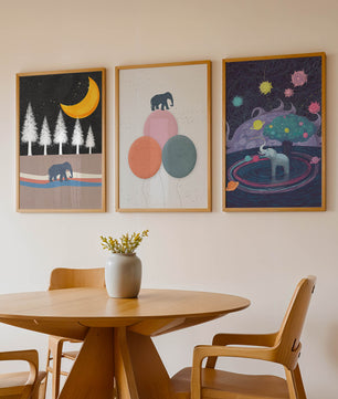 Triptyque d’illustrations avec des motifs d’éléphants et de paysages fantastiques