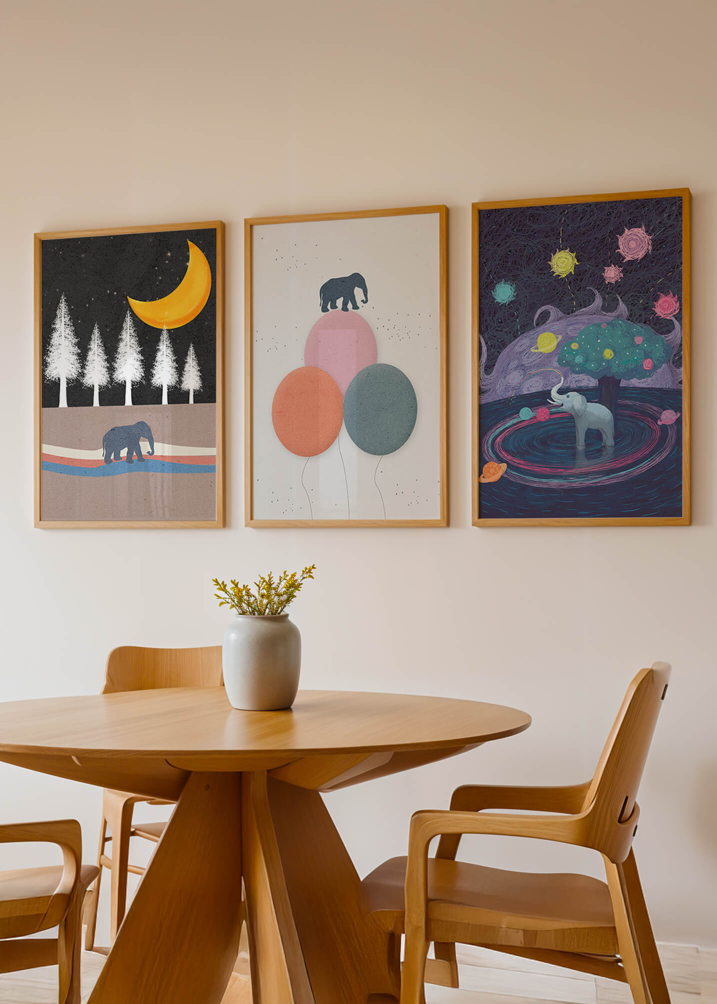 Tríptico de Ilustraciones con Motivos de Elefantes y Paisajes Fantásticos