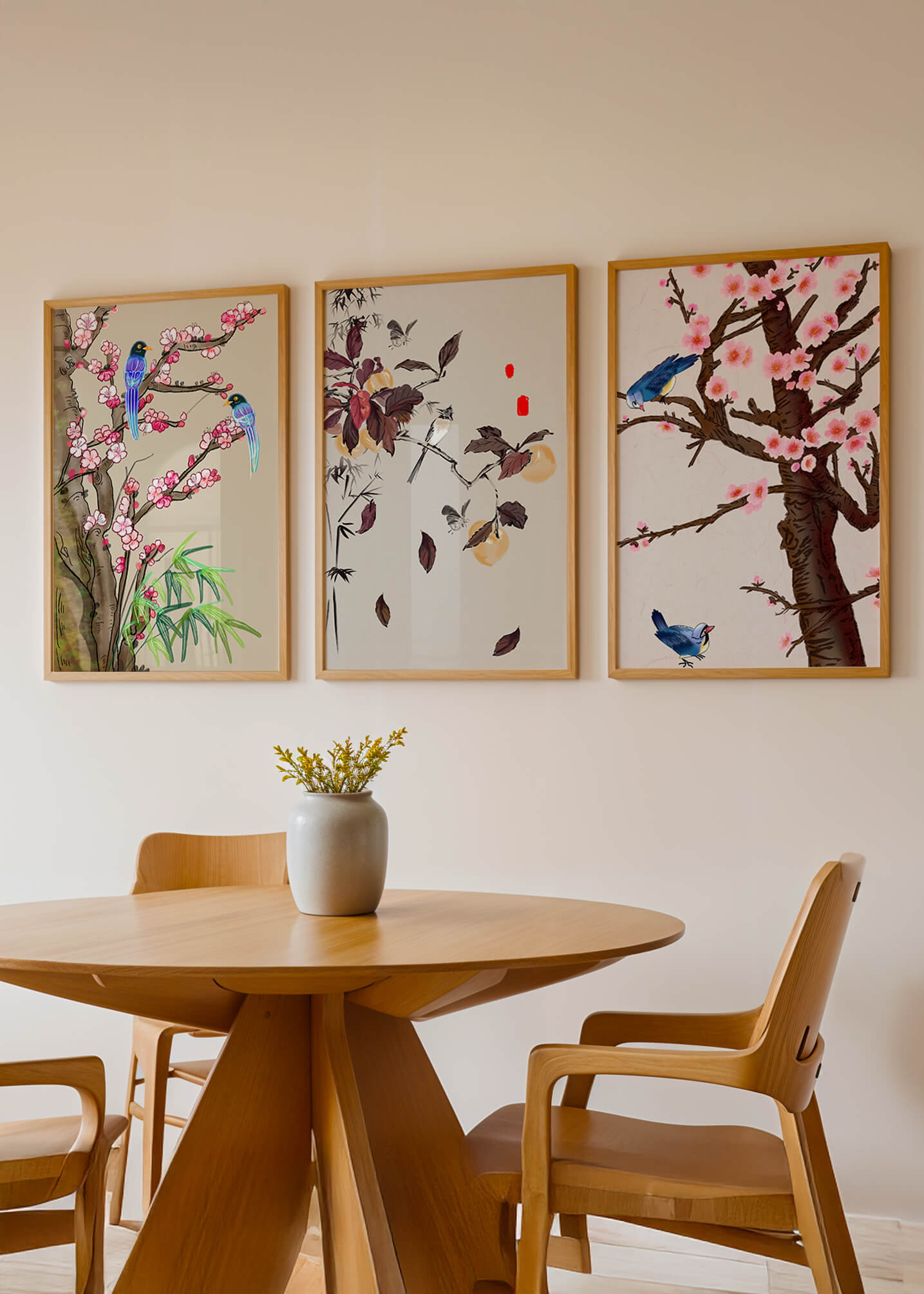 Dreier-Set mit Vogel- und Blumenmotiven im asiatischen Stil