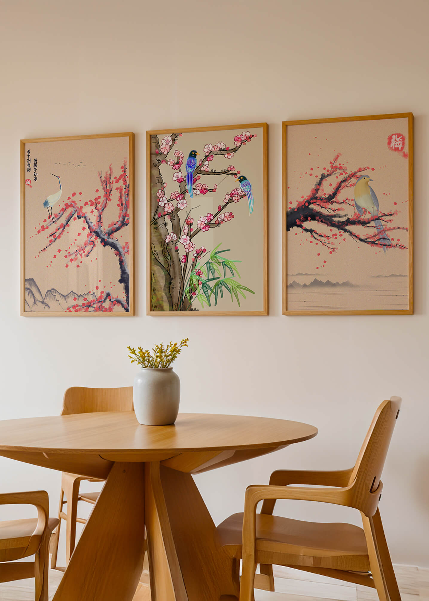 Decoración Oriental con Pájaros y Flores