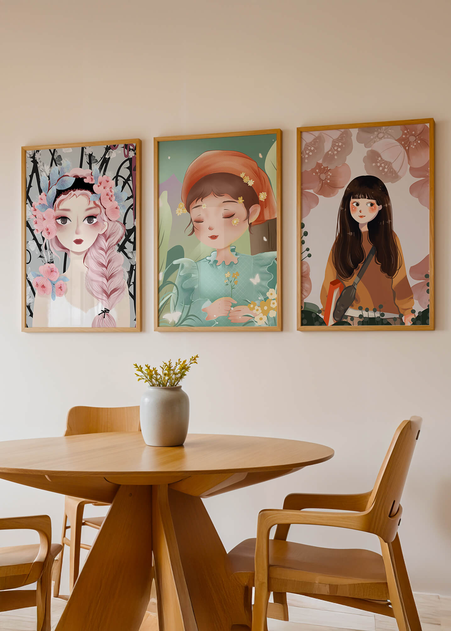 Dekorative Illustrationen von Mädchen in Holzrahmen
