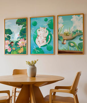 Ensemble d'illustrations artistiques pour enfants avec des chats et la nature