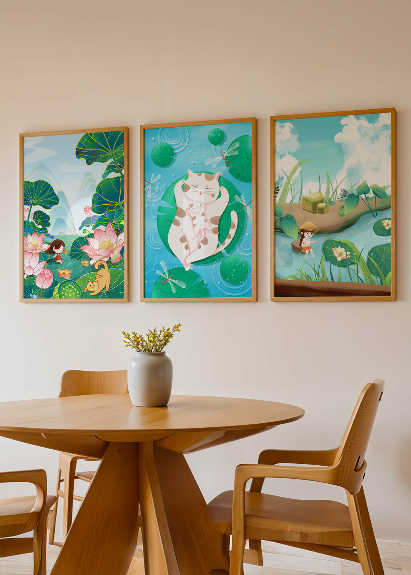 Ensemble d'illustrations artistiques pour enfants avec des chats et la nature