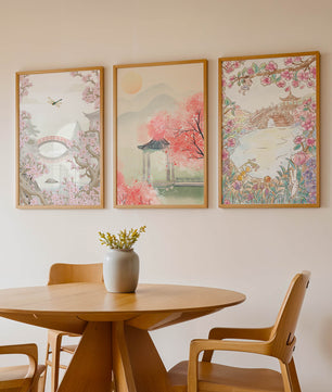 Triptyque oriental de paysages en tons pastels