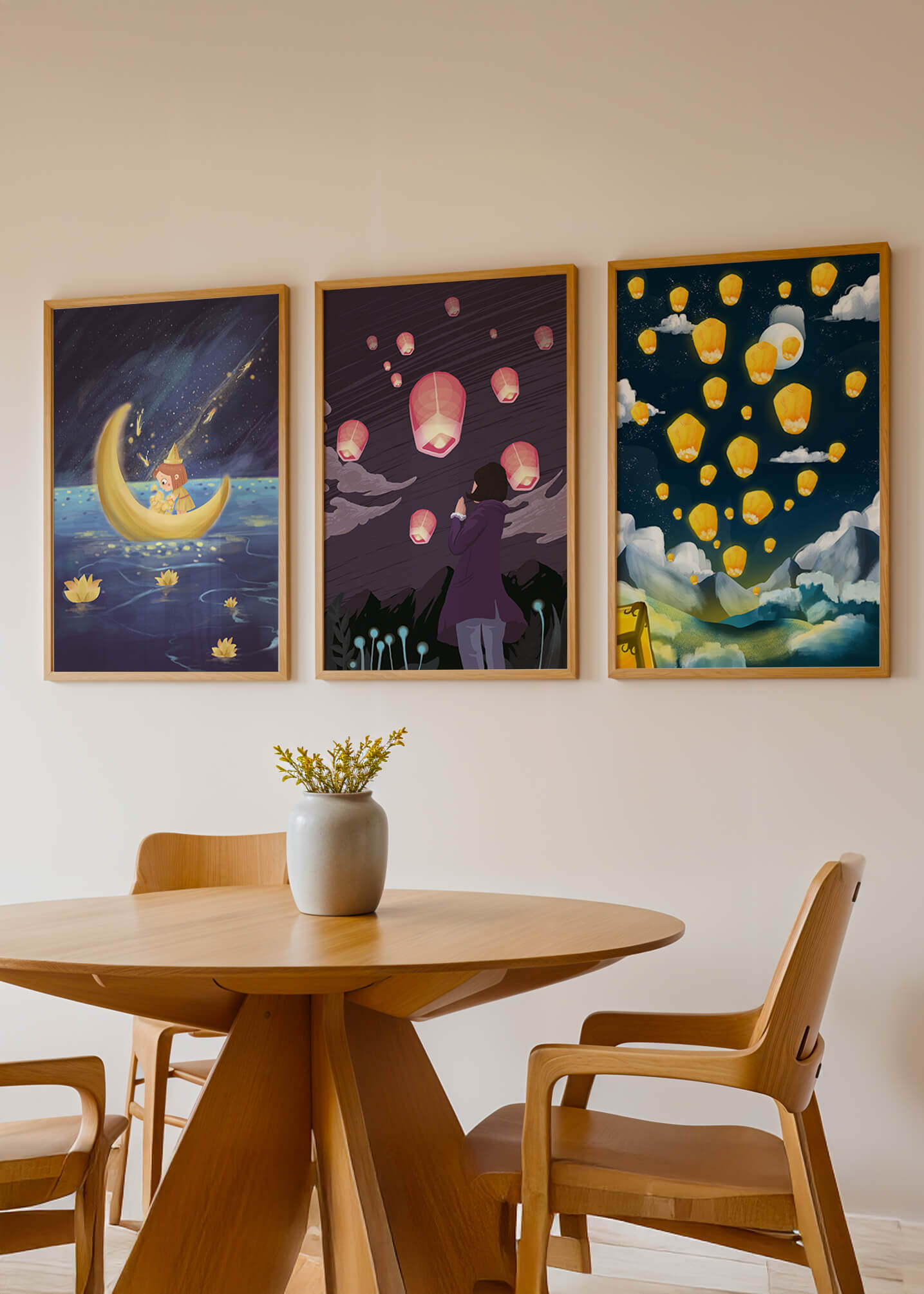 Imágenes Artísticas de Linternas Voladoras en Marcos de Madera