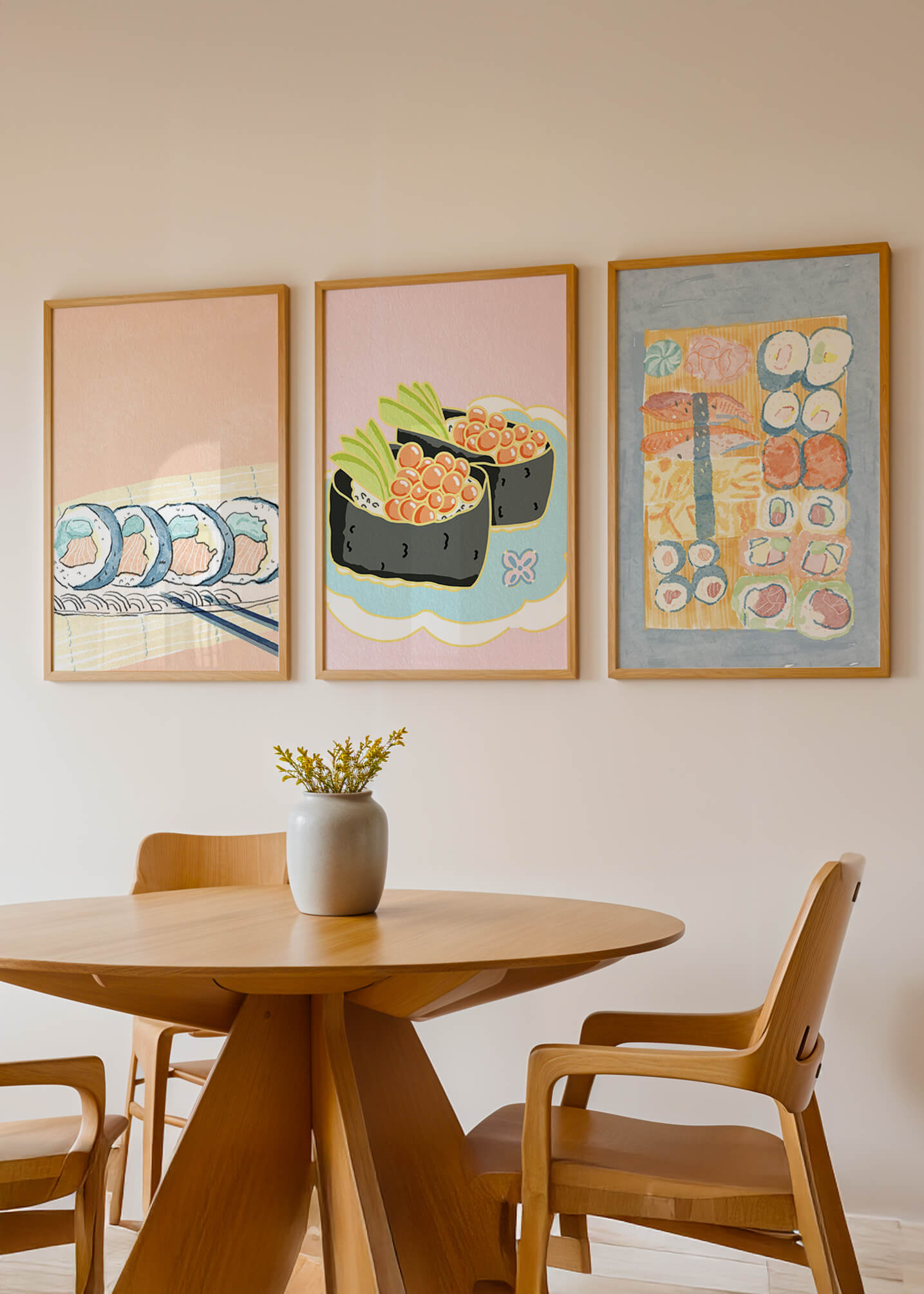 Conjunto de Lienzos con Ilustraciones de Sushi en Fondo Pastel