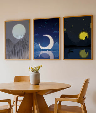 Paysages nocturnes avec lune et étoiles dans des cadres