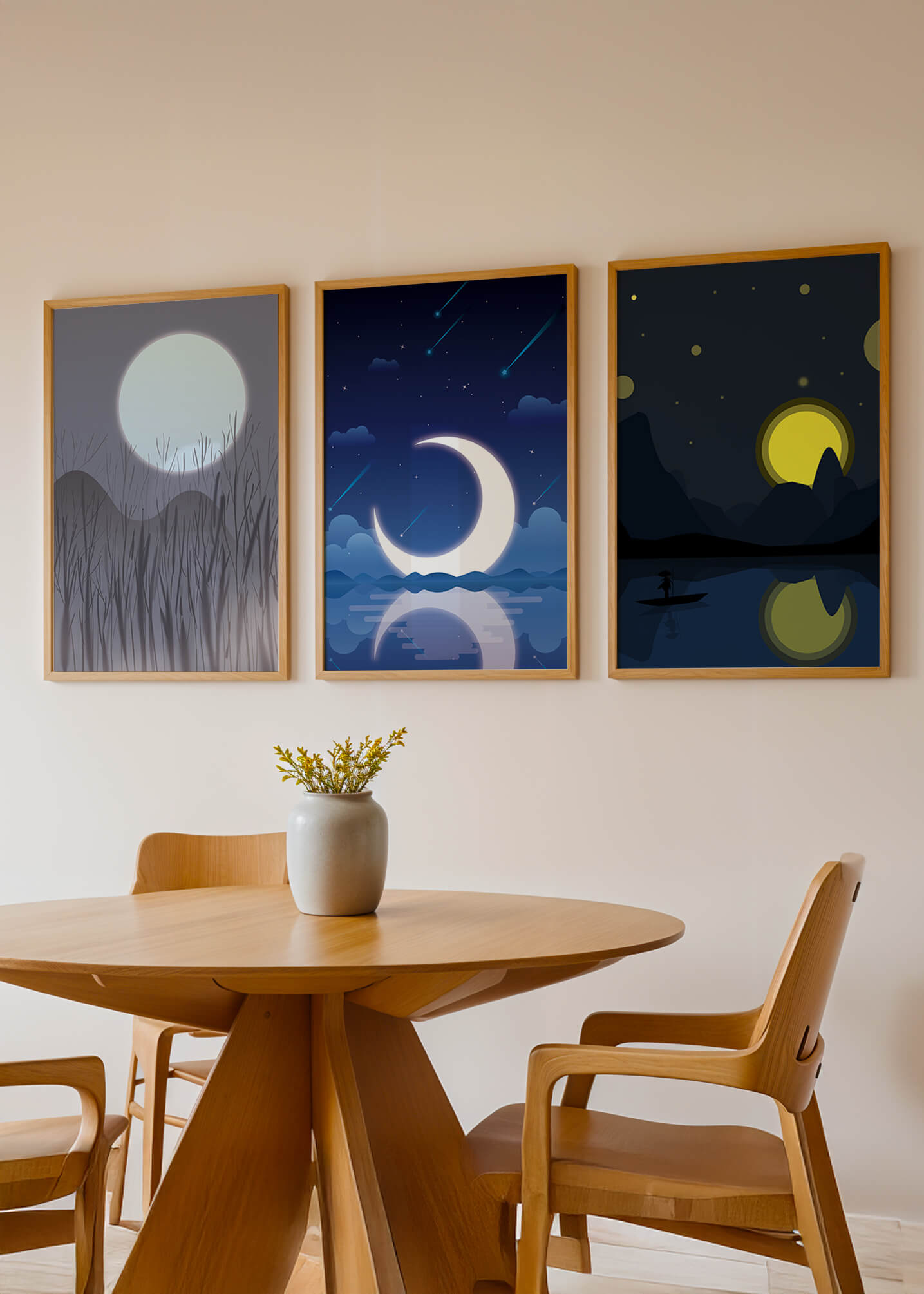 Paysages nocturnes avec lune et étoiles dans des cadres
