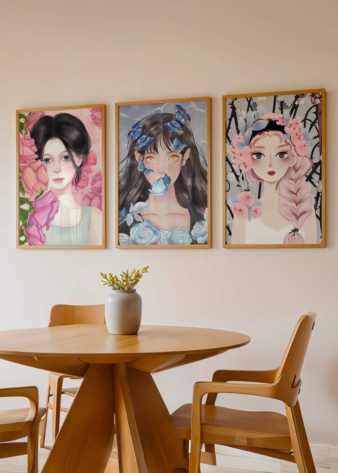 Pinturas De Retratos Femeninos Con Flores Y Mariposas