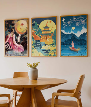 Ensemble d'art oriental avec paysages mystiques et pleine lune