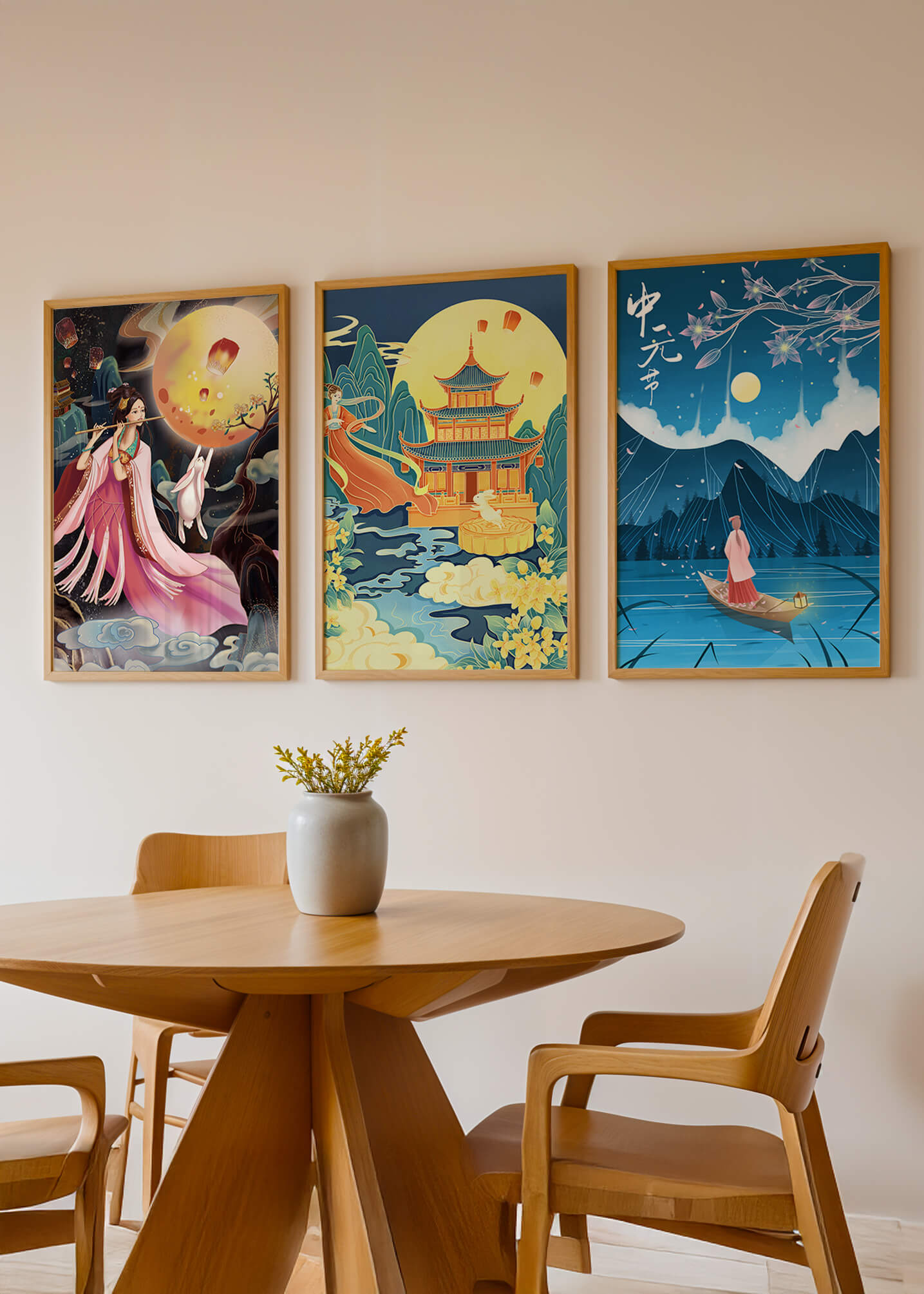 Conjunto de Arte Oriental con Paisajes Místicos y Luna Llena