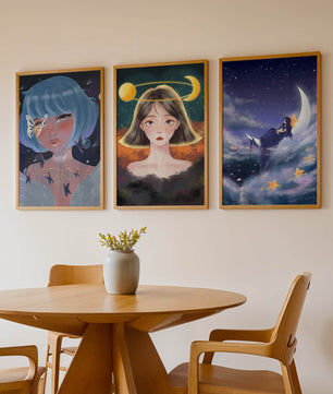 Tríptico De Retratos Ilustrados Con Elementos Astrales